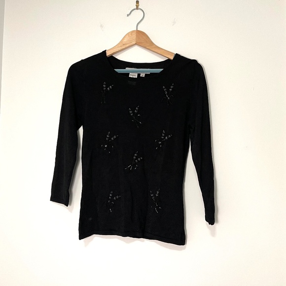 Debbie Shuchat Montreal Designer Hand Beaded Vintage Black Top 3/4 Length Sleeve - Picture 1 of 9